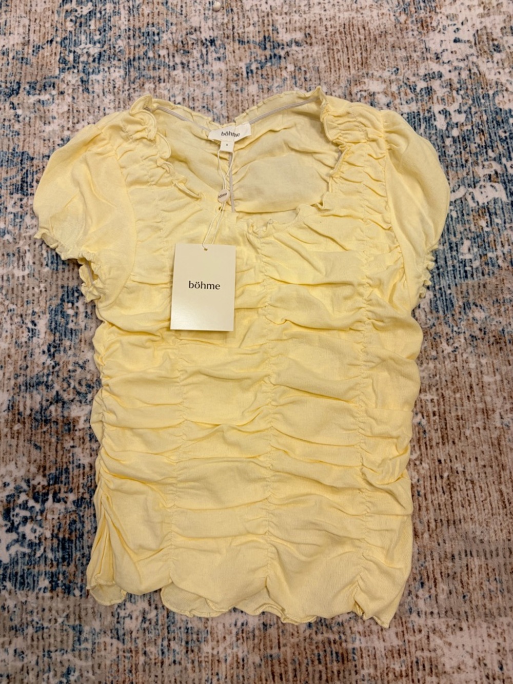 bohme Pale Yellow Ruched Short Sleeve Blouse